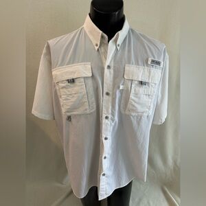 Columbia PFG Shirt Mens Large White Nylon Short Sleeve Omni-Shade Fishing Shirt
